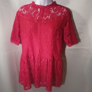 Sexy Red Lace High-neck Blouse Zipper Back Short Sleeves Size L